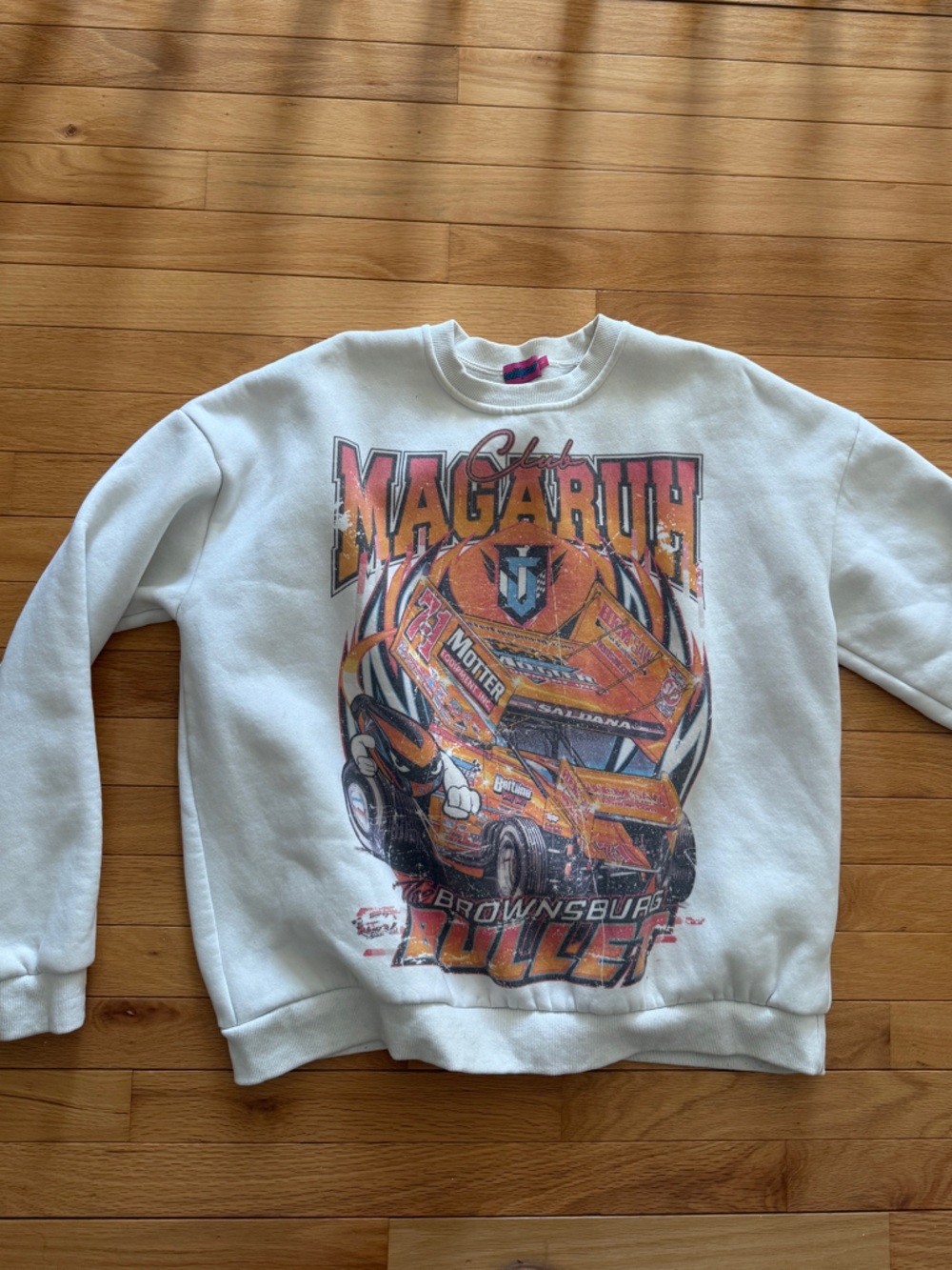 EDIKTED Vintage Racing Graphic Crewneck Sweatshirt in White with Orange Print
